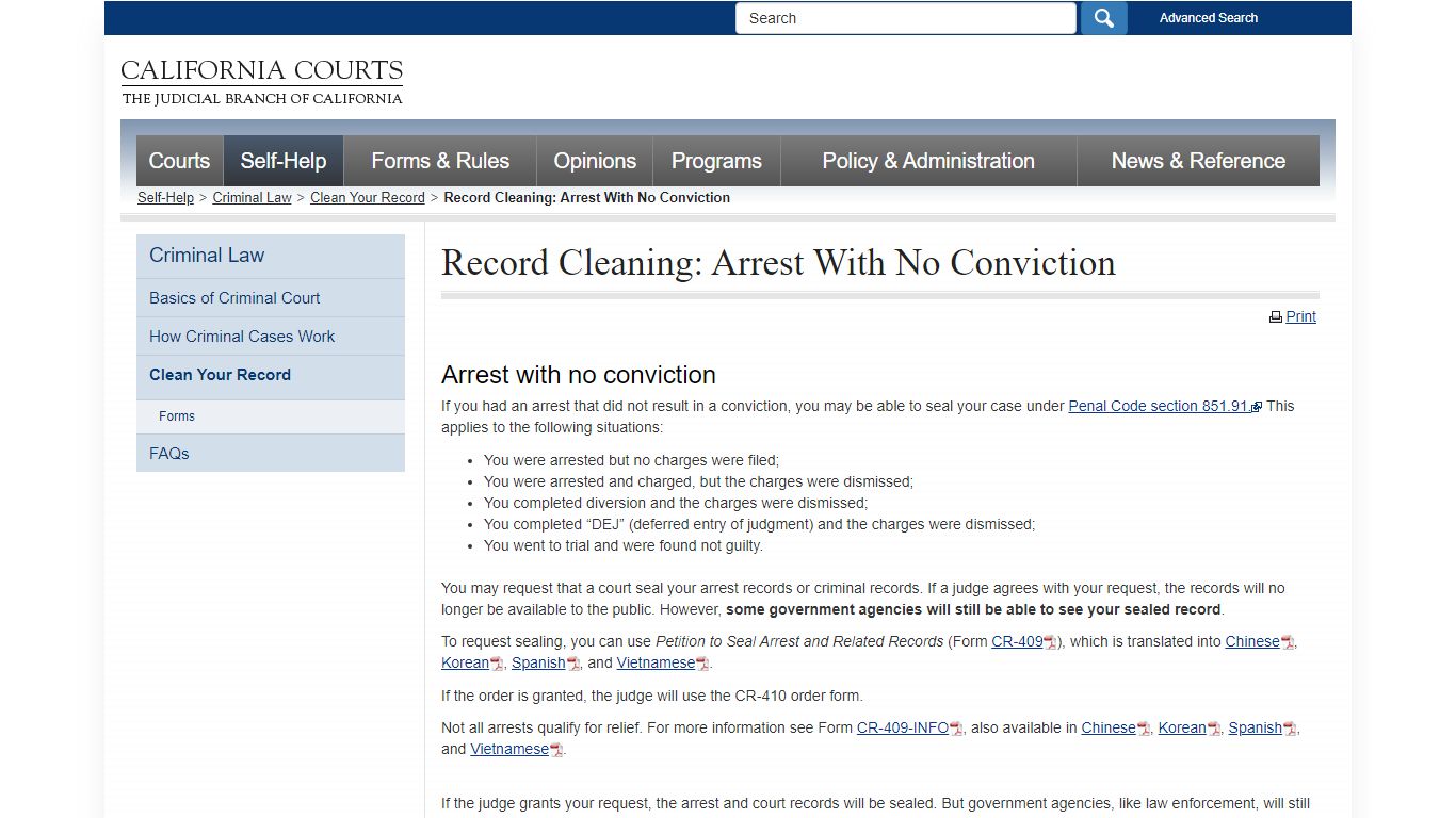 Record Cleaning: Arrest With No Conviction - criminal_selfhelp - California